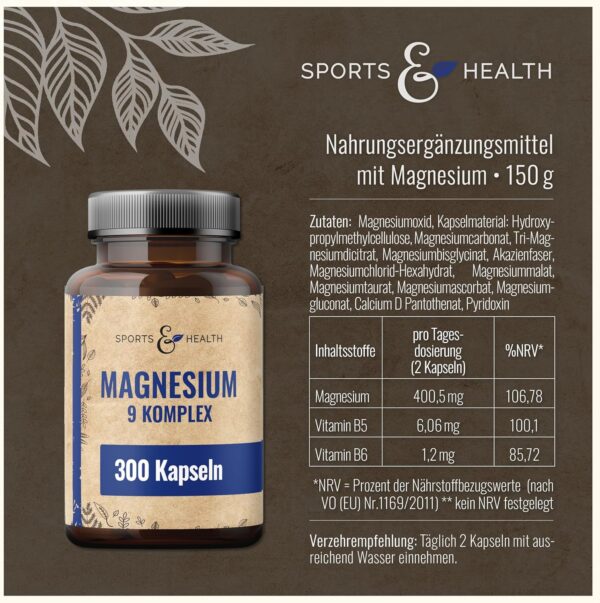 Magnesium Komplex Hochdosiert 400mg - [300x Kapseln - 9 Magn Verbindungen] – Magnesiumkomplex - Magnesium Hochdosiert Kapseln – Complex Mit Vitamin B – Magnesiumoxid, Magnesiumbisglycinat – Bild 2