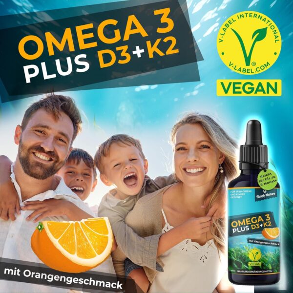 Omega 3 Algenöl PLUS Vitamin D3+K2 MK7 - davon 40% DHA & 20% EPA - mit Orangenöl und Rosmarinextrakt, vegan - Deutsche Qualität - für die ganze Familie – Bild 4