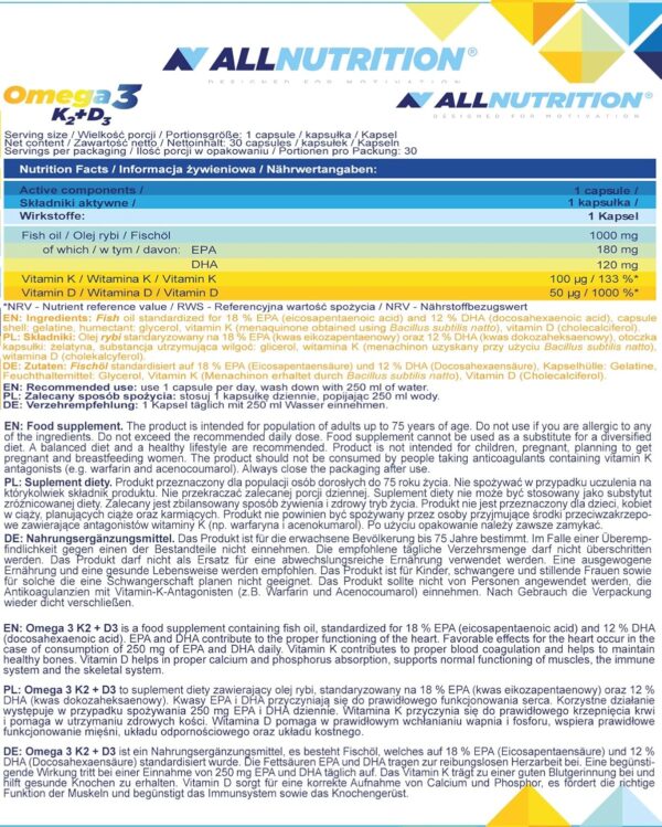 ALLNUTRITION OMEGA 3 K2 D3 ist eine hochwertige Ergänzung, die Fischöl und die Vitamine K2 und D3 enthält. – Bild 2