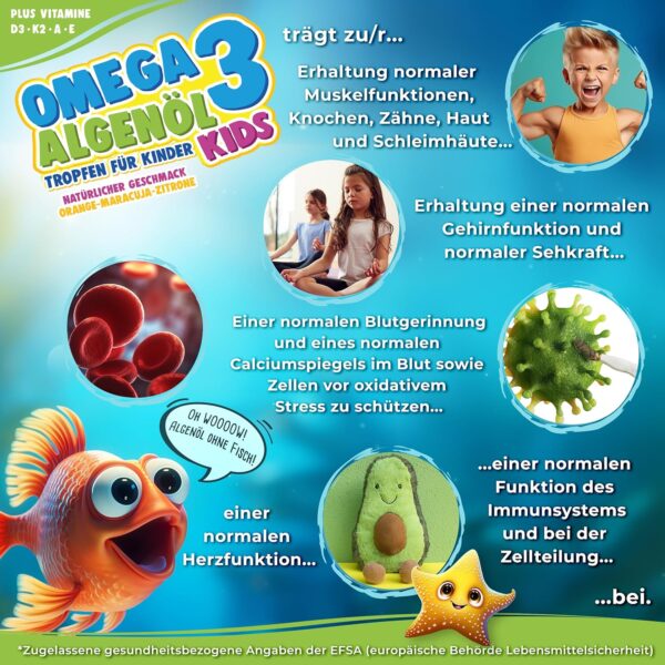 Omega-3 KIDS Algenöl PLUS Tropfen für Kinder - 40% DHA & 20% EPA mit Vitamin D3 + K2 + A + E - natürlich süßer Geschmack mit Maracuja-, Orangen- und Zitronenöl - Vegan (20ml = bis zu 4 Monats-Vorrat) – Bild 3