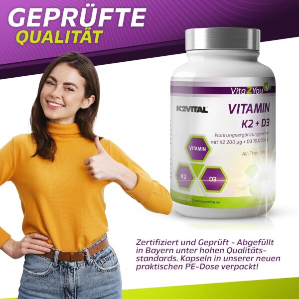 Vita2You Vitamin D3 + K2-180 Kapseln - Vitamin D3 10.000 IE + Vitamin K2 (MK-7) 200µg - Original K2VITAL® von Kappa - Premium Qualität – Bild 7