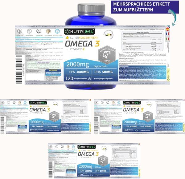 Omega 3 Kapseln Hochdosiert - 2000mg pro 2 Kapseln, 1000mg EPA & 500mg DHA - Mit Vitaminen E und Vanille-Geschmack - Unterstützt Herz, Gehirn & Sehkraft - Molekular Destilliert - 120 Kapseln – Bild 7