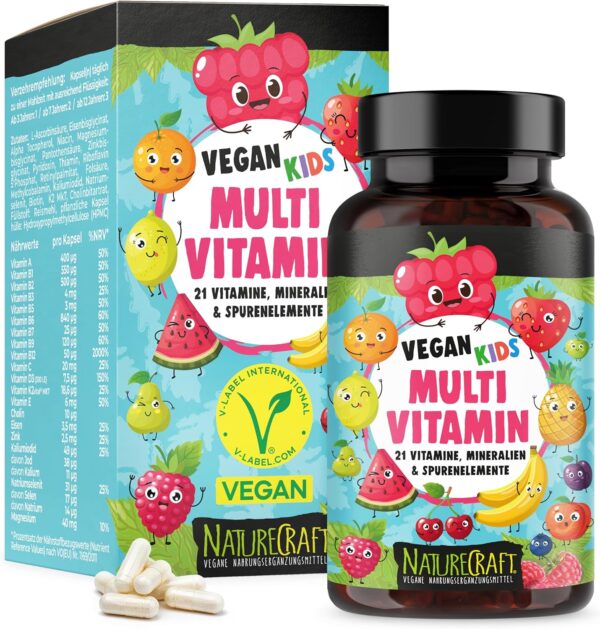 Vegan Kids Multivitamin - Vitamin A+B1+B2+B3+B5+B6+B7+B9+B12+C+D3+K2+E + Cholin + Eisen + Zink + Jod + Kalium + Selen + Natrium + Magnesium - Komplex für Kinder mit 120 Kapseln (max. 4 Monats-Vorrat) – Bild 2