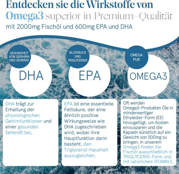 Omega 3 Kapseln Hochdosiert (500 KAPSELN) Mit Vitamin E Natürlich - 2000 mg Reines Fischöl in Triglycerid - Form Pro Dosis Für Eine Bis zu 70% Höhere Aufnahme - 600 mg EPA und DHA pro Dosis. – Bild 4
