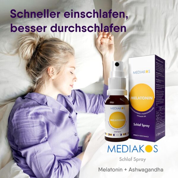 Mediakos® Melatonin Einschlafspray mit Ashwagandha (20ml) - Hochdosiertes Melatonin Spray mit Passionsblume & Vitamin B6 - Schlafspray für direkte & kontaktlose Anwendung - Pfirsich-Geschmack – Bild 2