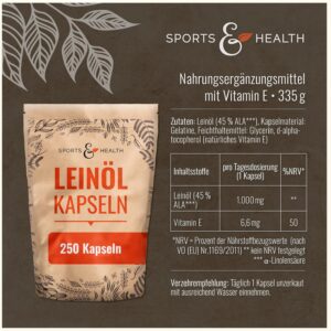 Leinöl Kapseln - 250 hochdosierte Kapseln - 1000mg pro Kapsel - Hochdosiert - Mit Vitamin E - Pflanzliches Omega 3-6-9