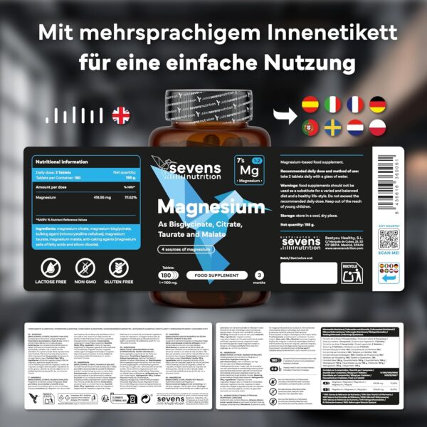 Magnesium Komplex - Premium – 4-fach Formel mit Bisglycinat, Citrat, Malat & Taurat – Hochdosiert – 180 Tabletten – Sevens – Bild 7