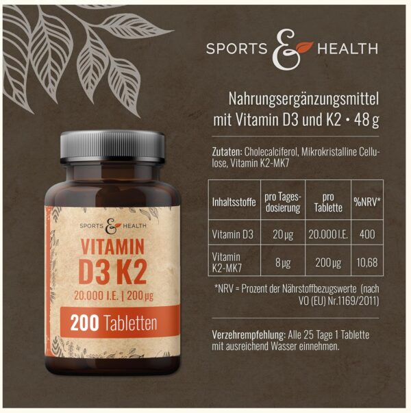 Vitamin D3 K2 Tabletten -200 Tabletten - Vitamin D Hochdosiert 20000 IE + 200µg Vitamin K2-Mk7 - D3 K2 Depot - Vegetarisch - Vitamin D3 K2 Hochdosiert – Bild 2