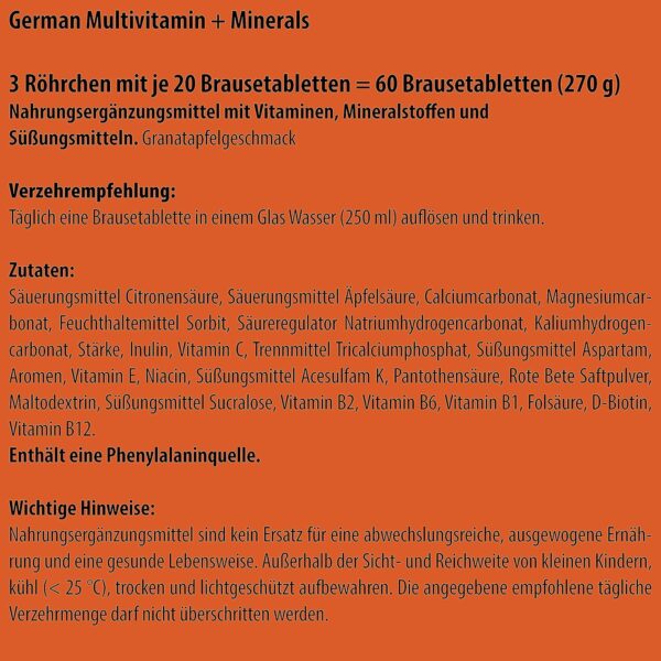 German Multivitamin + Mineralien Brausetabletten 60 Stk. Granatapfelgeschmack – 10 Vitamine + 2 Mineralien – Made in Germany – Bild 6