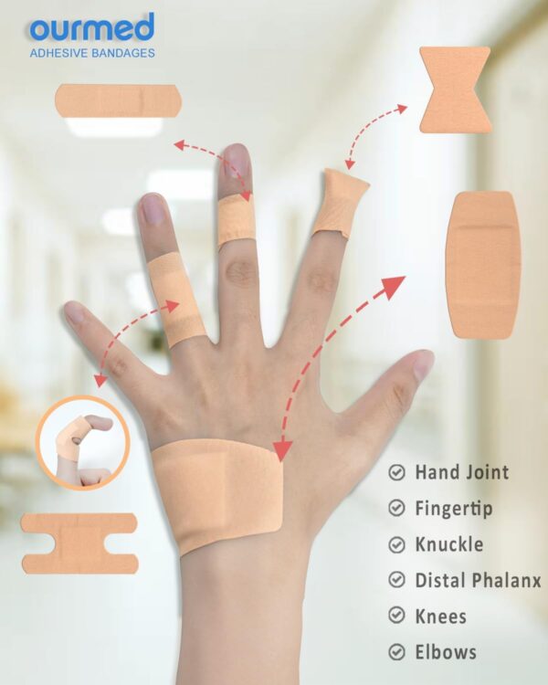 Ourmed Flexible Assorted Plasters Variety Pack 100 Pieces, Fingertip Bandages für Erste Hilfe, kleinere Schnitte, Kratzer, Schürfwunden & Wundversorgung, starker Halt für 24 Stunden, nicht-Latex – Bild 4