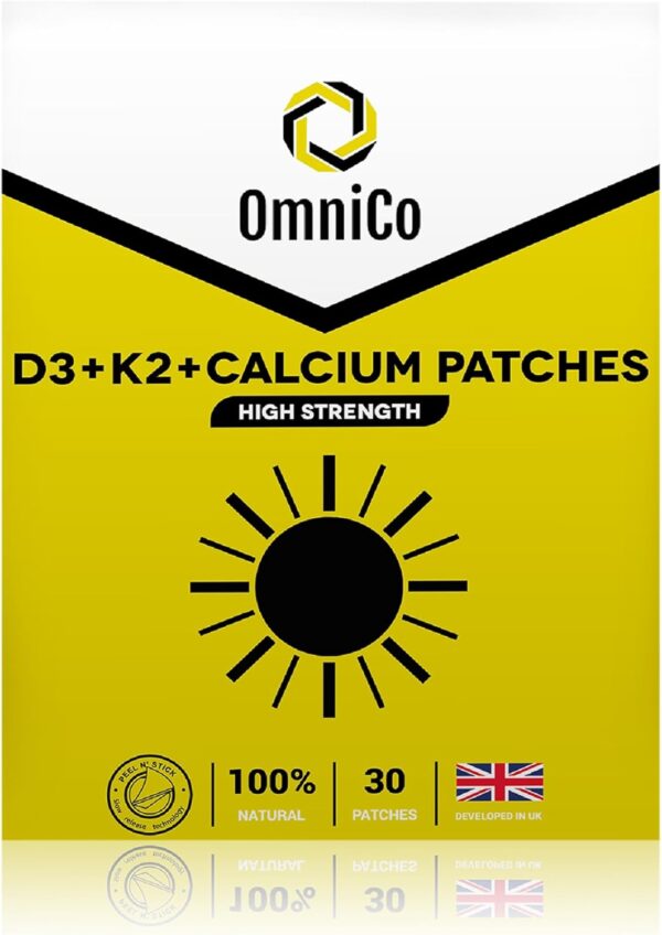 OmniCo Topische Pflaster mit Vitamin D3, K2 und Kalzium, 30er-Packung, 3 cm x 3 cm große wasserfeste Vitaminpflaster, können zur Unterstützung der Stimmung, Energie und Knochengesundheit beitragen,