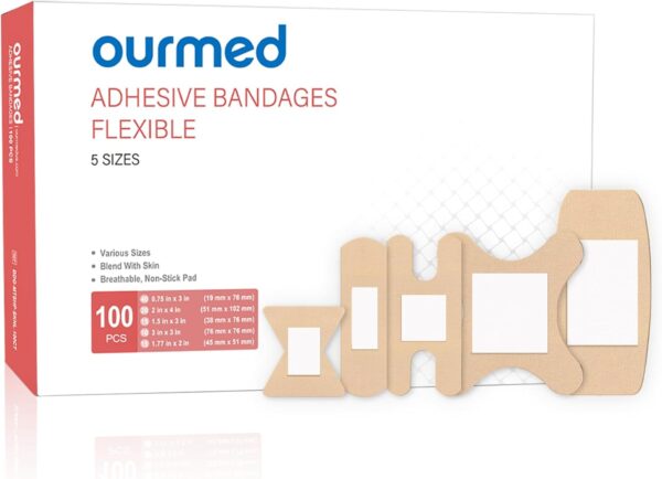Ourmed Flexible Assorted Plasters Variety Pack 100 Pieces, Fingertip Bandages für Erste Hilfe, kleinere Schnitte, Kratzer, Schürfwunden & Wundversorgung, starker Halt für 24 Stunden, nicht-Latex