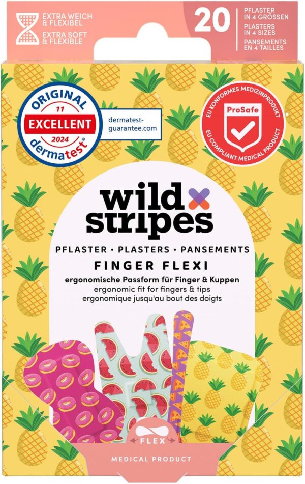 Wild Stripes Pflaster Set I Wasserfeste Pflaster I Finger Flexi Food I Wundpflaster Hautfreundlich I Ergonomische Passform I 24h Schutz I Duschpflaster Wasserresistent I 20 Stück