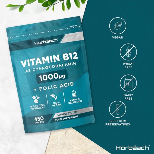 Vitamin B12 Tabletten 1000µg | 1+ Jahr Vorrat - 450 Vegane Stück | Hochdosiert Reines Supplement mit Folsäure | von Horbaach – Bild 6