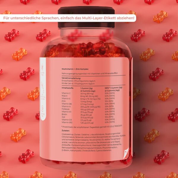Multivitamin Gummies Fruchtgummis mit Vitamin A B6 C D E Biotin Niacin Folat | Immunsystem Multi Vitamingums Frucht Gummi Bärchen Vitamingummibärchen | Gummibärchen ohne Zusätze | Gum Vitamingummi – Bild 5