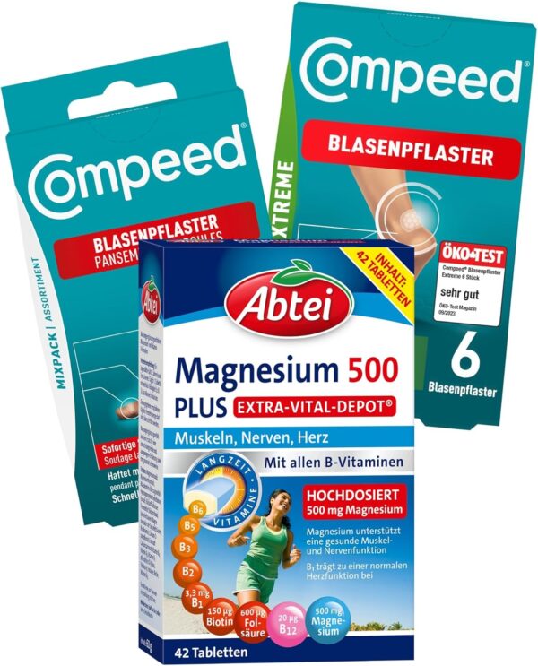 Abtei & Compeed Essentials Trio – 3er Set – Abtei Magnesium 500 Plus, Compeed Blasenpflaster Extreme, Compeed Blasenpflaster Mixpack – Ideal für den Sport und einen aktiven Lebensstil