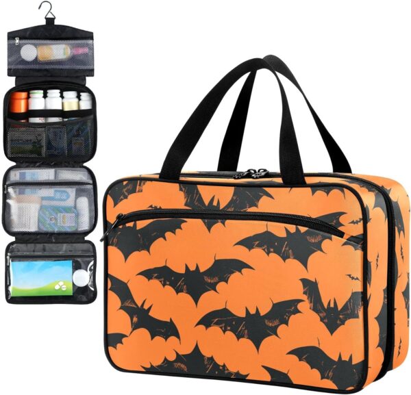 Fustylead Halloween Fliegende Fledermäuse Schwarze Silhouette Reise Medizin Aufbewahrungstasche Große Haushalt Pillenflasche Organizer mit Reißverschluss für Erste Hilfe, Pillen, Vitamine,