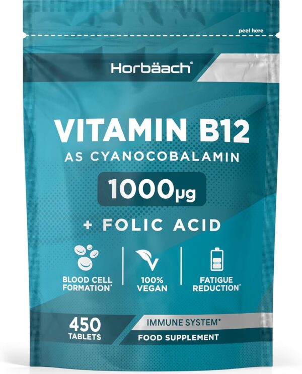 Vitamin B12 Tabletten 1000µg | 1+ Jahr Vorrat - 450 Vegane Stück | Hochdosiert Reines Supplement mit Folsäure | von Horbaach