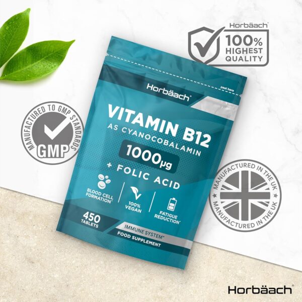 Vitamin B12 Tabletten 1000µg | 1+ Jahr Vorrat - 450 Vegane Stück | Hochdosiert Reines Supplement mit Folsäure | von Horbaach – Bild 7