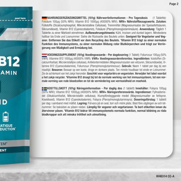 Vitamin B12 Tabletten 1000µg | 1+ Jahr Vorrat - 450 Vegane Stück | Hochdosiert Reines Supplement mit Folsäure | von Horbaach – Bild 5