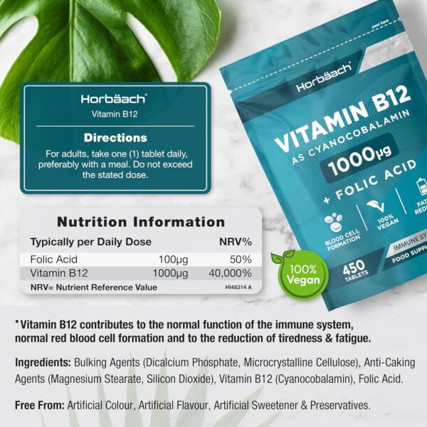 Vitamin B12 Tabletten 1000µg | 1+ Jahr Vorrat - 450 Vegane Stück | Hochdosiert Reines Supplement mit Folsäure | von Horbaach – Bild 3