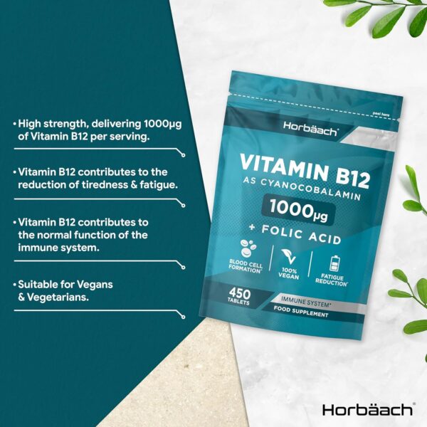 Vitamin B12 Tabletten 1000µg | 1+ Jahr Vorrat - 450 Vegane Stück | Hochdosiert Reines Supplement mit Folsäure | von Horbaach – Bild 2