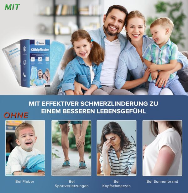 Testsieger: BS Luxry® 20x Kühlpflaster - bei Fieberbeschwerden und Migräne - Kühlpack bei Muskel u. Gelenkschmerzen - Kühlpads für Kinder ab 1 Jahr – Bild 2